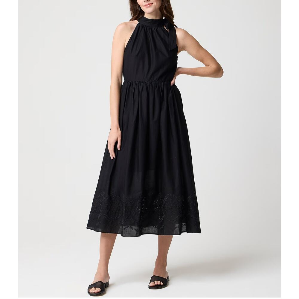 J Crew Women's 6 Dress Midi Tie Neck Eyelet Trim Hem 100% Cotton Poplin Black